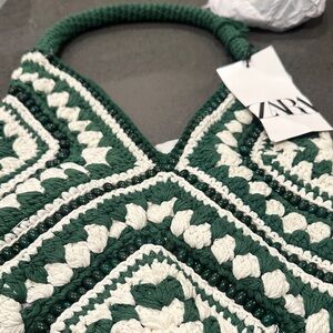 ZARA Green and White Crochet Tote with Bead Detail